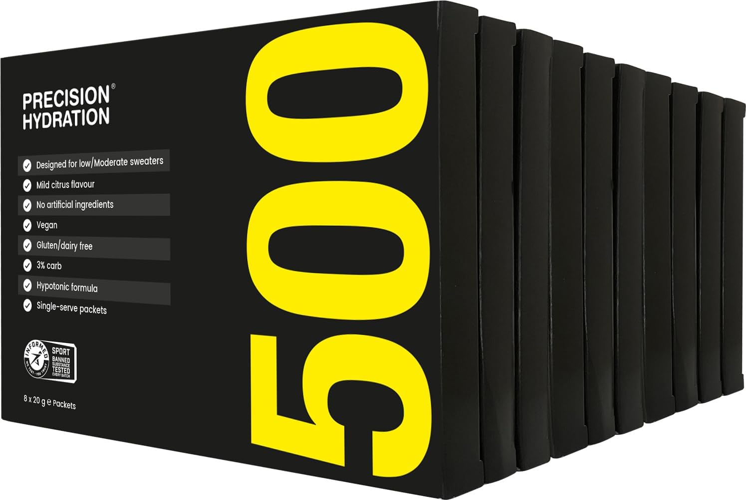 Precision Hydration Electrolyte Powder - No Artificial Ingredients, Multi Strength Hydration Packets - Individual Waterproof Servings - Gluten/Dairy Free, 10 Box (80 Packets, 500mg/L-Yellow)