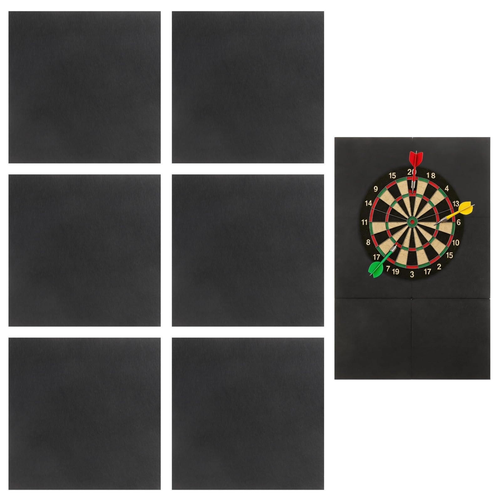 6 PCS Dart Board Wall Protector Tiles, 30 x 30 cm Felt Dartboard Surround, Self-Adhesive Dart Backboard Panels with Nylon Fastener, Wall Protection for Home Office Game Room