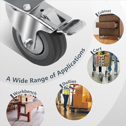 Miniatura 6 de POWERTEC Juego de 4 ruedas giratorias de 3 pulgadas con freno y cargas de 640 libras, ruedas de placa resistentes, ruedas de goma de doble bloqueo