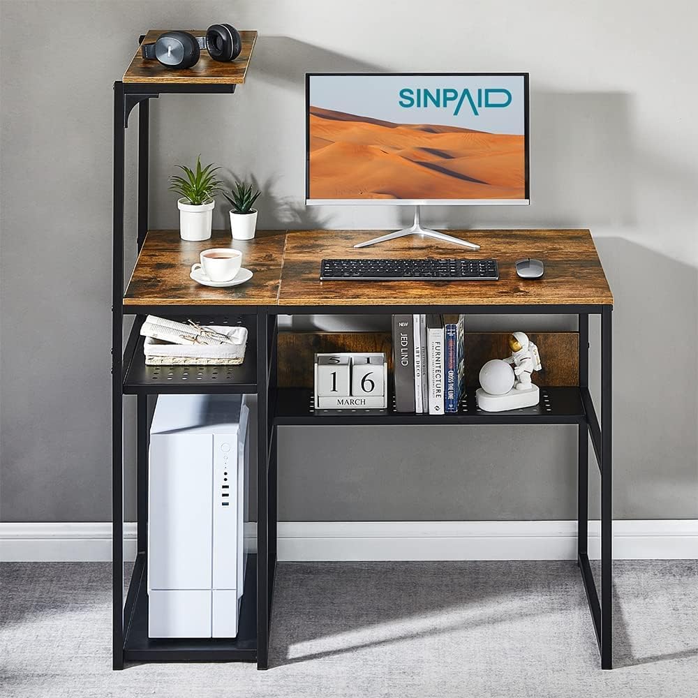 SINPAID Computer Desk with Storage Shelves 40 Inch Home Office Desk Writing Table for Small Spaces, Student Study Desk with Bookshelves and CPU Stand Small Desk (40, Vintage Color)