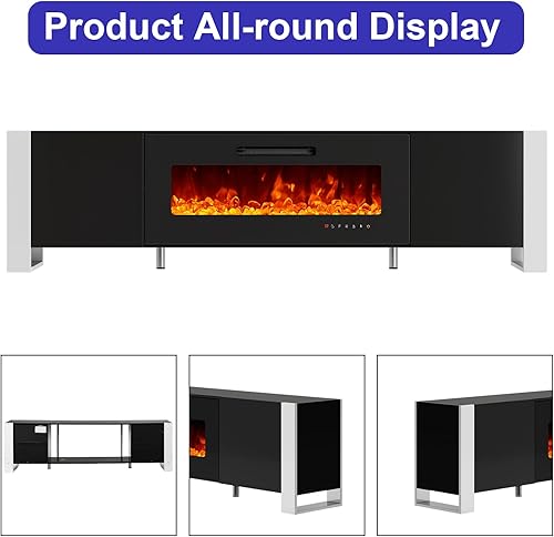 Miniatura 5 de LUXOAK Soporte de TV con chimenea de 70 pulgadas con patas en forma de U, consola multimedia con acabado espejo con chimenea eléctrica de 36