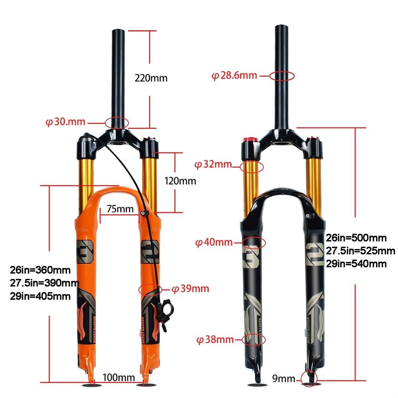1 widelec rowerowy z prostą rurą 1/8 cala nadaje się do MTB, rowerów turystycznych, rowerów składanych, XC, e-bike, skok sprężyny 120 mm, 100 x 9 mm szybkozłączka do rowerów górskich