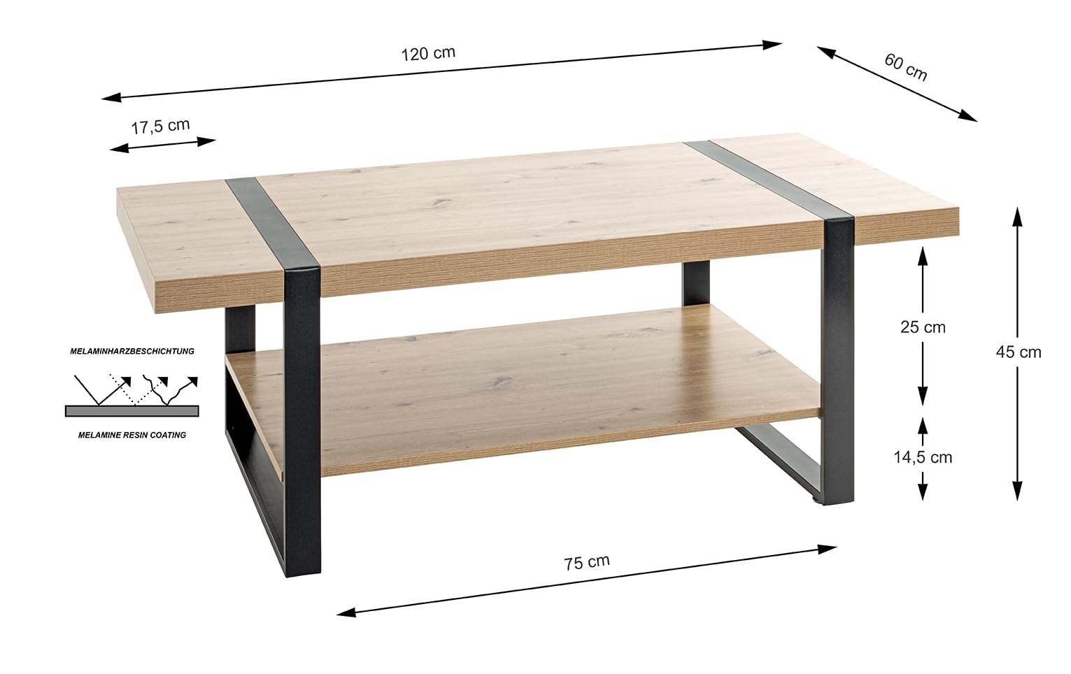 HAKU Beistelltisch rechteckig, Couchtisch klein als Sofatisch aus Spanplatte Eiche hell und Metall Schwarz Maße: B 120 × H 45 × T 60 cm, Style: Modern Küche, Haushalt & Wohnen