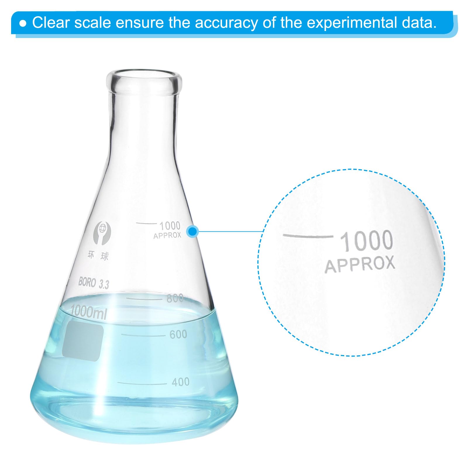 PATIKIL Erlenmeyerkolben 3 Stück 1000ml 33.8oz Schmalhals Messkolben Borosilicatglas Mit Aufgedruckter Skala Für Labor Experimente Chemie Wissenschaft Studium