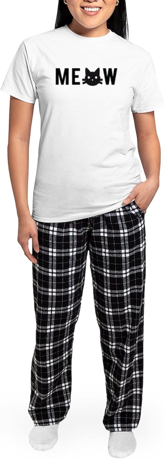 CafePress Meow, with Black cat face, Text Design Pajamas Women's Novelty Cotton Pajama Set, Comfortable PJ Sleepwear