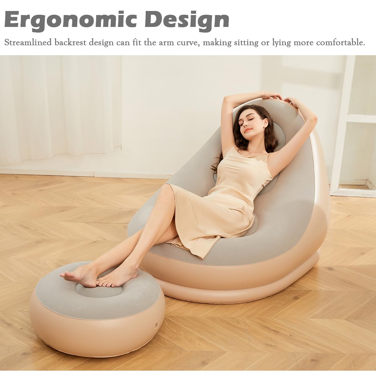 Baiao Inflatable Lounge Chair with Ottoman Footrest Indoor Foldable Deck Chair Chaise Lounges Lounge Sofa for Living Room Bedroom Patio Poolside Beach (Milk-Tea) 1