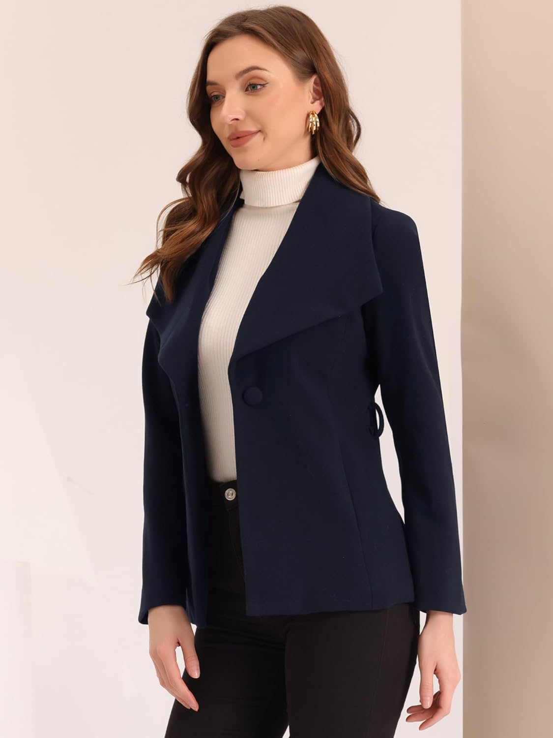 Allegra K Short Pea Coat for Women's Buttoned Winter Belted Slant Pockets Shawl Lapel Collar Coats