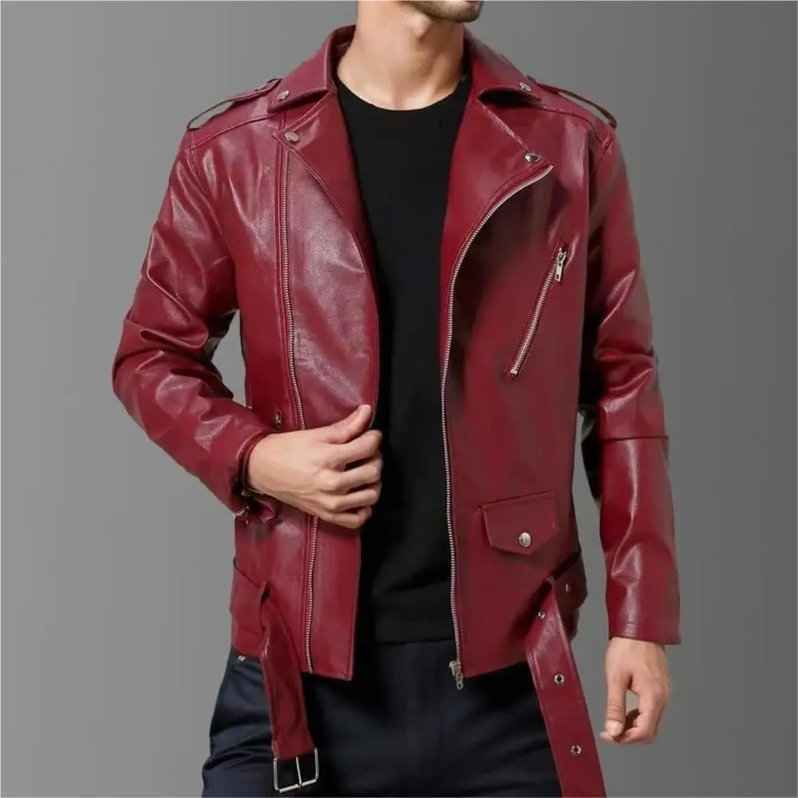 Chaqueta Cuero Mujer Chaqueta de piel sintética for hombre, estilo moderno, corte entallado, con cremallera diagonal y ajuste cinturón Para salir