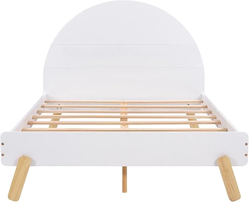 Miniatura 6 de SOFTSEA Marco de cama para niños de tamaño matrimonial con cabecero, plataforma blanca, marcos de cama para niñas y niños, no necesita somier, fácil