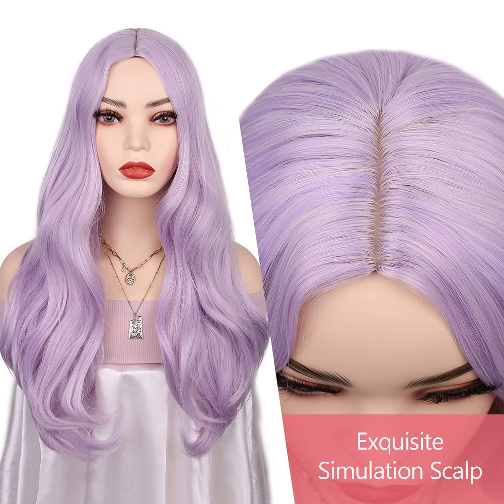 Fancy Hair Long Curly Wavy Hair Wigs Heat Resistant Synthetic Daily Party Cosplay Wigs for Women Light purple