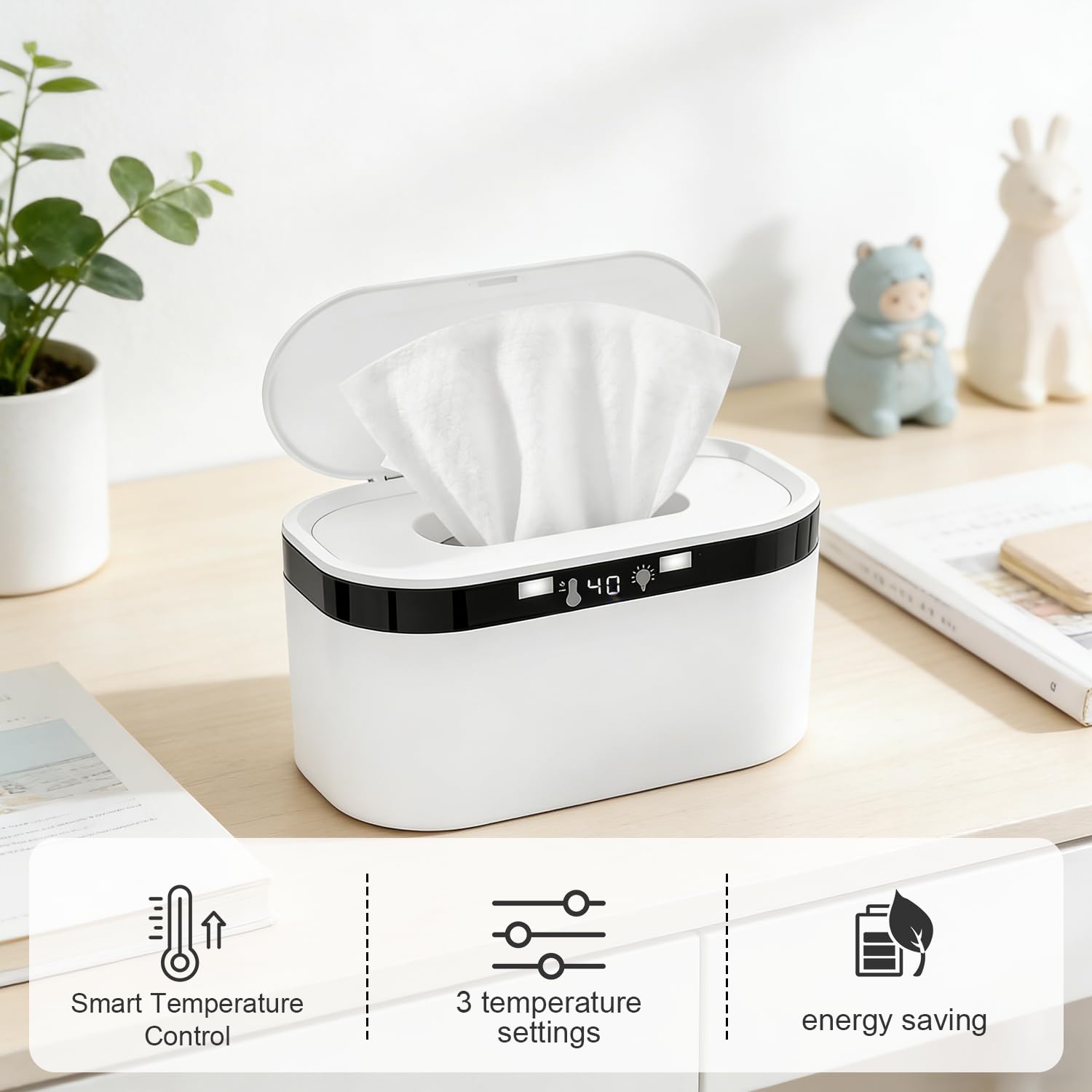 Chauffe-lingettes humides pour bébé - 3 niveaux de chauffage et température constante - 10 W - USB - Avec veilleuse LED - Chauffage rapide 8 à 10 minutes - Grande capacité - Pour la maison et les