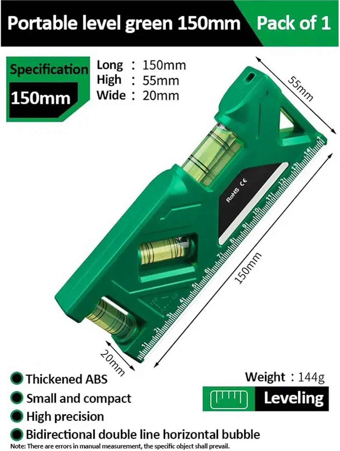 1pc Magnetic Horizontal Vertical Pocket Level Gauge Woodworking Level Gauge Magnet Spirits Bubble Leveler Measure Tool(150mm Green)