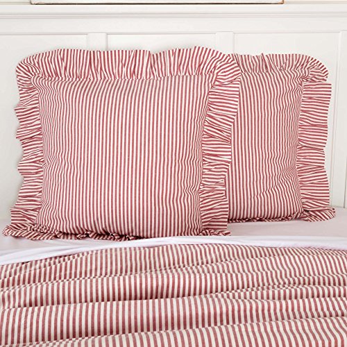 Farmhouse Ticking Stripe Red Euro Sham, 26" x 26", Ruffled Pillow Cover