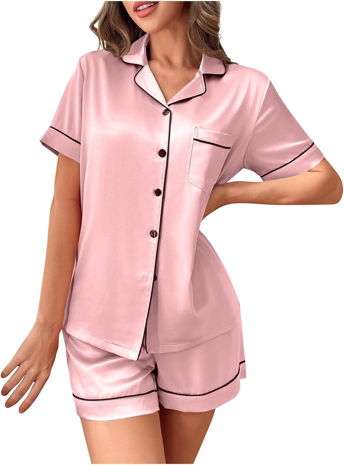 Pyjama 2 Pièces Pour Femme Avec Col En V Boutonné à Manches Courtes Et Short Animal Mignon Pour Personnes âgées, Bleu Pâle, Petit