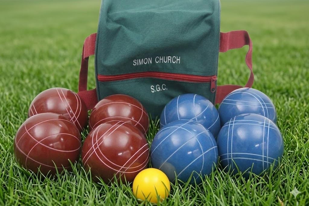 BuyBocceBalls Listing - Made in USA, Premium Quality Tournament Bocce Set - 110mm Blue and Dark Red Balls, Nylon Engraved Green Bag, 998 Grams (2 lbs. 3.2 oz.)