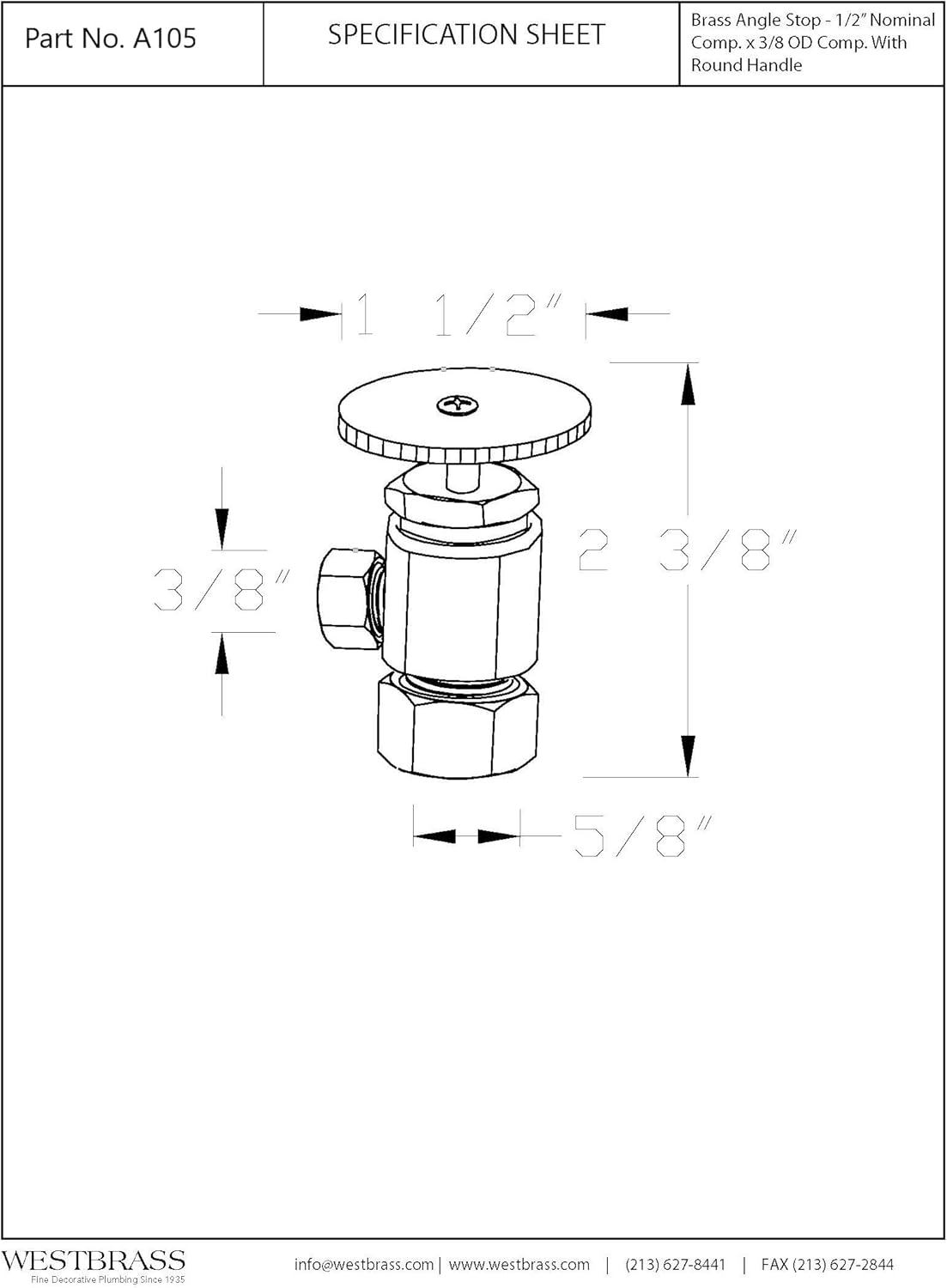 Westbrass A105-01 Round Handle Angle Stop Shut Off Valve, 1/2" Copper Pipe Inlet with 3/8" Compression Outlet, Polished Brass