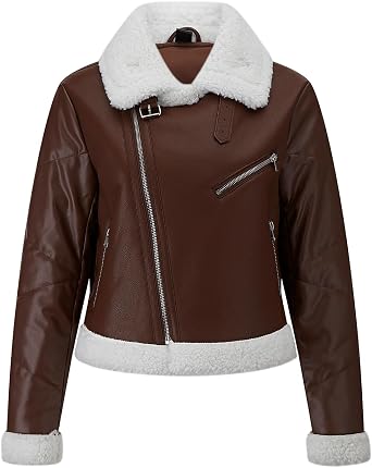 Women Faux Fur Leather Jacket Shearing Cropped Lined Moto Biker Coat