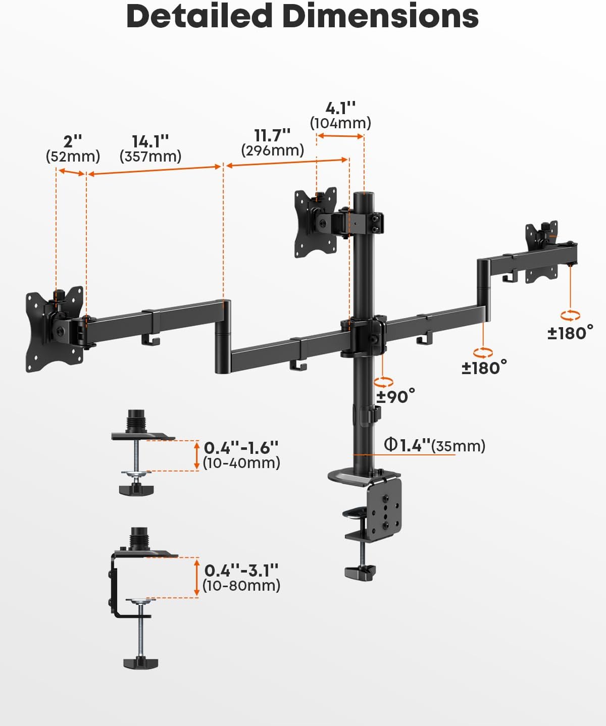 Triple Monitor Mount,3 Monitor Desk Mount Fits 13-27 inch Screens,Triple Monitor Stand Fully Adjustable with Cable Management,22 lbs Weight Capacity per Arm,VESA 75/100mm