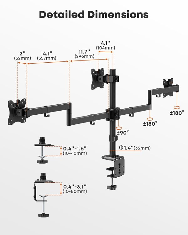 Triple Monitor Mount,3 Monitor Desk Mount Fits 13-27 inch Screens,Triple Monitor Stand Fully Adjustable with Cable Management,22 lbs Weight Capacity per Arm,VESA 75/100mm by PUTORSEN - Image 7