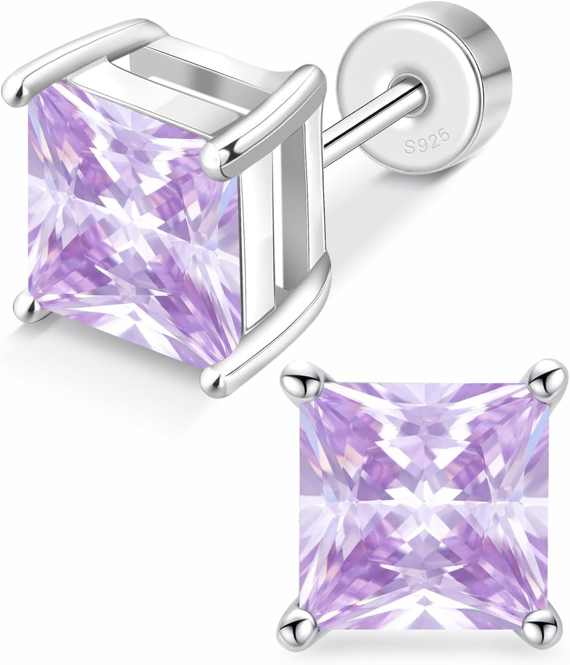 Princess Cut Birthstone Flat Back Earrings Comfort Sleep, Solid Square 925 Sterling Silver Studs Hypoallergenic Non Tarnish, Elegant Jewelry Mother's Day Birthday Gifts for Women Mom Wife Girlfriend