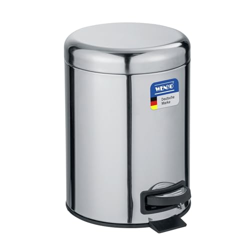 WENKO Kosmetikeimer 5 Liter, rostfreier Edelstahl, herausnehmbarer Inneneimer mit Müllbeutelhalter, Mülleimer fürs Bad mit Deckel und Tretfunktion, ausklappbarer Tragegriff, glänzend, Mod. Leman