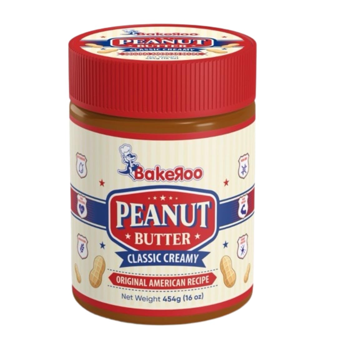 Bakeroo Creamy Peanut Butter 454g | High Protein Spread Made with Roasted Peanuts | American Recipe | Rich Source of Energy & Fiber | Ideal for Breakfast, Shakes & Smoothies