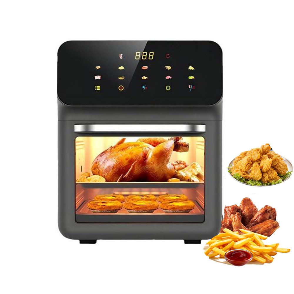 Air Fryer 10L, freidora de aire caliente de gran capacidad, freidora de aceite con ventana de visualización, 125 W con pantalla táctil digital, separador extraíble, acero inoxidable (negro + gris)