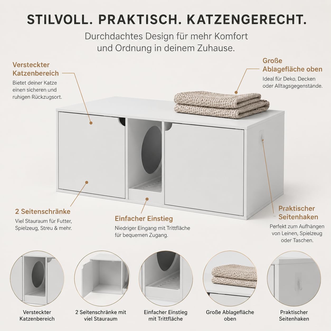 Katzenklo Schrank 110 cm Weiß Katzentoilette Möbel mit 2 Türen