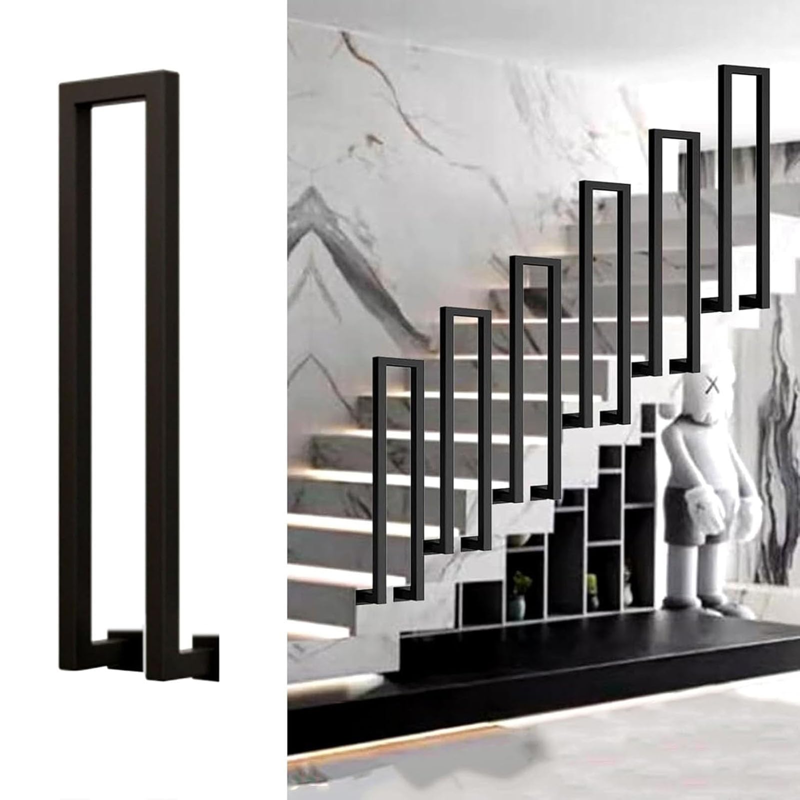JOUFNING Square Tube Baluster Handrail, U-Shaped Transitional Stair Railing, Wrought Iron Safety Non-slip Stair Railing, Outdoor Steps Support Rod, for Villa Loft(Black,95cm/37.4in)