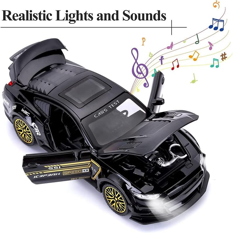 Image of PINQUE Kids New Car 1:32 Mastang Diecast Alloy Metal Pull Back Car with Openable Doors Music Sound and Light Vehicle Toy Car for Boys (Black)