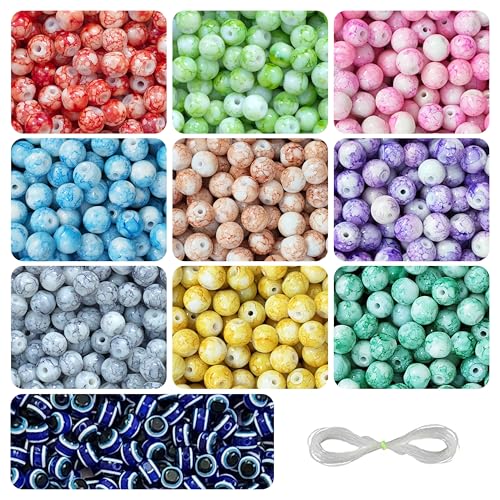 Image of 15 Pcs Evil Eye Beads + 250 Pcs Marble Glass Beads for Jewellery Making Kit - Glass Beads for Bracelet Making Kit - Bead Craft - 8mm