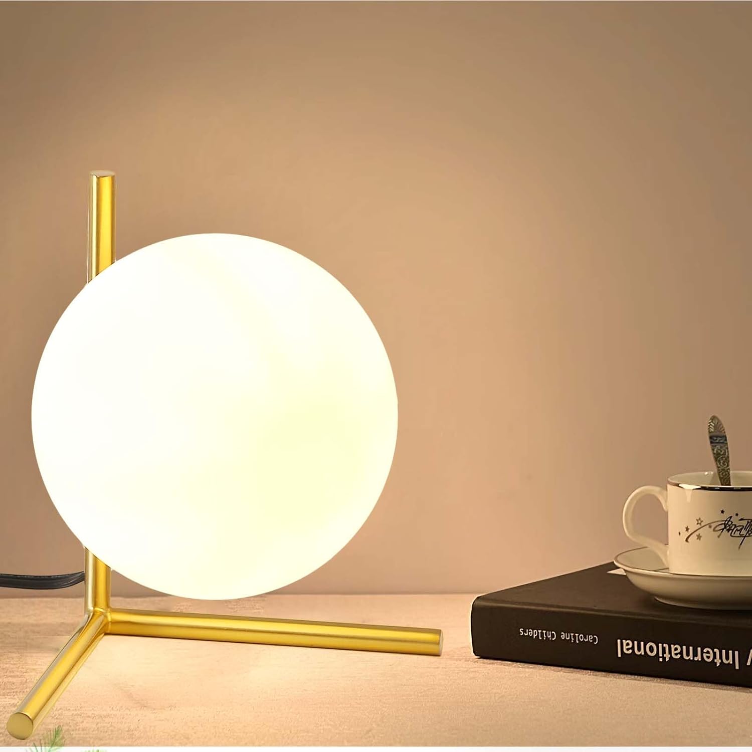 Glass Table Lamp, Minimalist Nightstand Lamps, Metal Standing Reading Light with Glass Ball Shade, Gold Desk Lamp for Bedroom, Office, Study Room, Kids Room (Gold-B-Style)