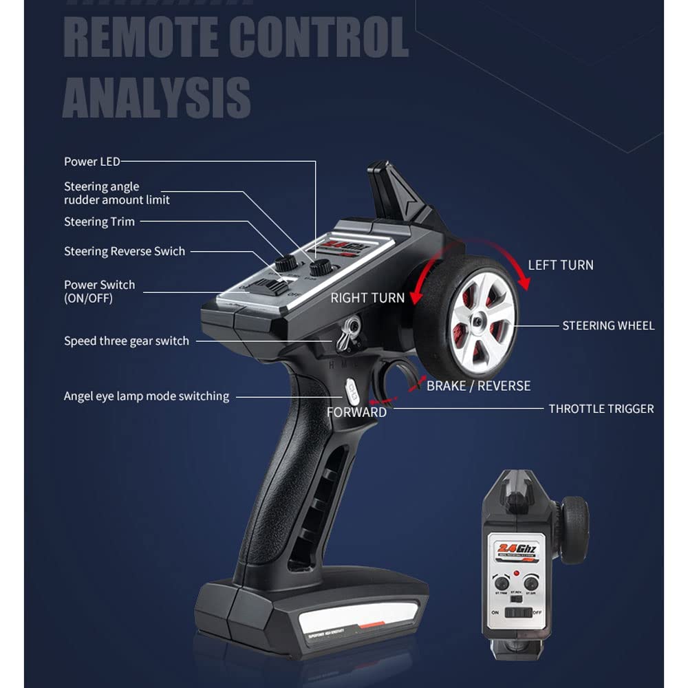 Auto telecomandata in scala 1/16, auto RC per hobby per bambini con luci a LED e pneumatici di ricambio da 4 pezzi, macchinina fuoristrada telecomandata ad alta velocità da 2,4 GHz