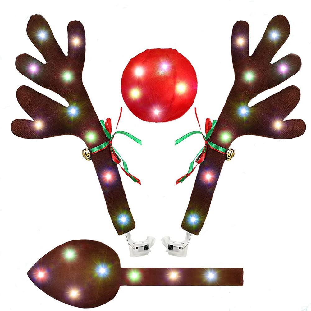 Kit de Cornes avec Lumières LED pour Voiture - Décorations de Noël, Nez et Astas