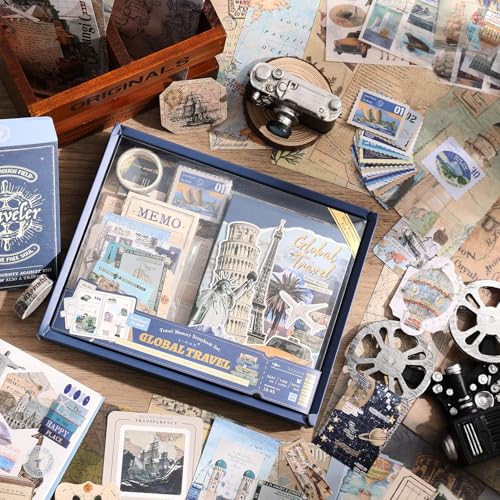 Image of emmoolife Scrapbooking Supplies Kit, Daily Life World Travel Scrapbook Kit for Bullet Junk Journal, Stationery, A6 Grid Notebook, DIY Journaling Supplies, Birthday Craft Gift Teen Women