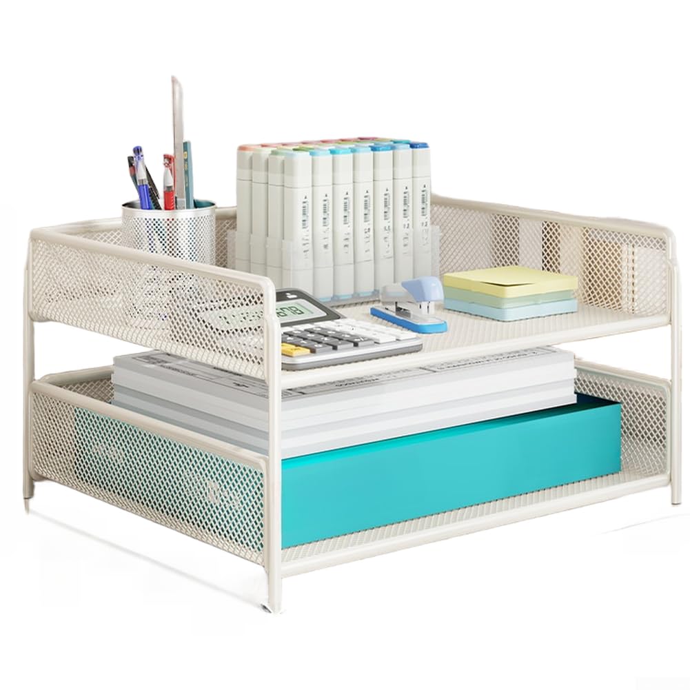 Organizzatore da Scrivania in Metallo con Cassetto Estraibile Portapenne per Ufficio per casa 33x26x26cm(C)