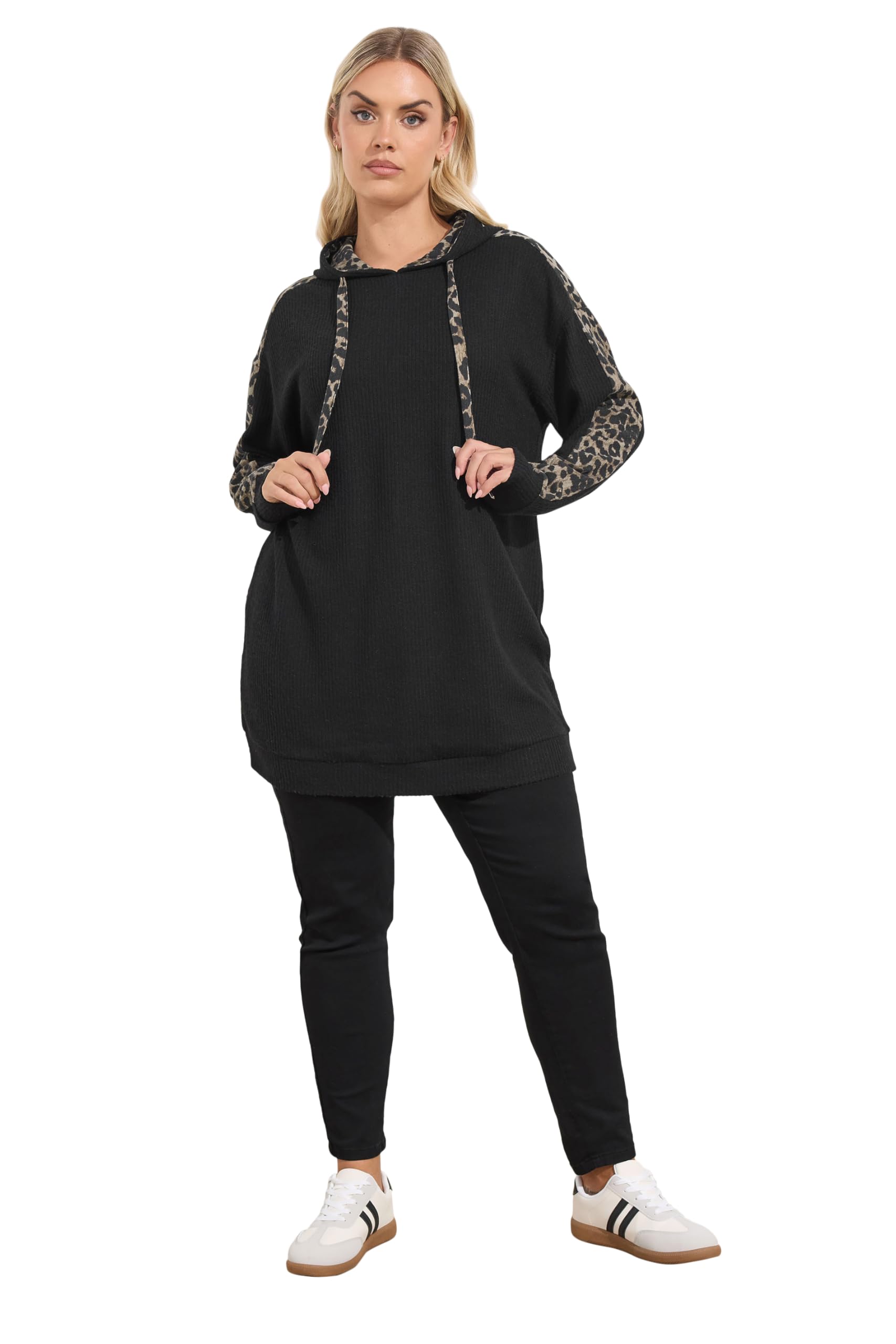 Yours Women's Black Leopard Print Trim Hoodie In | Size: 26-28