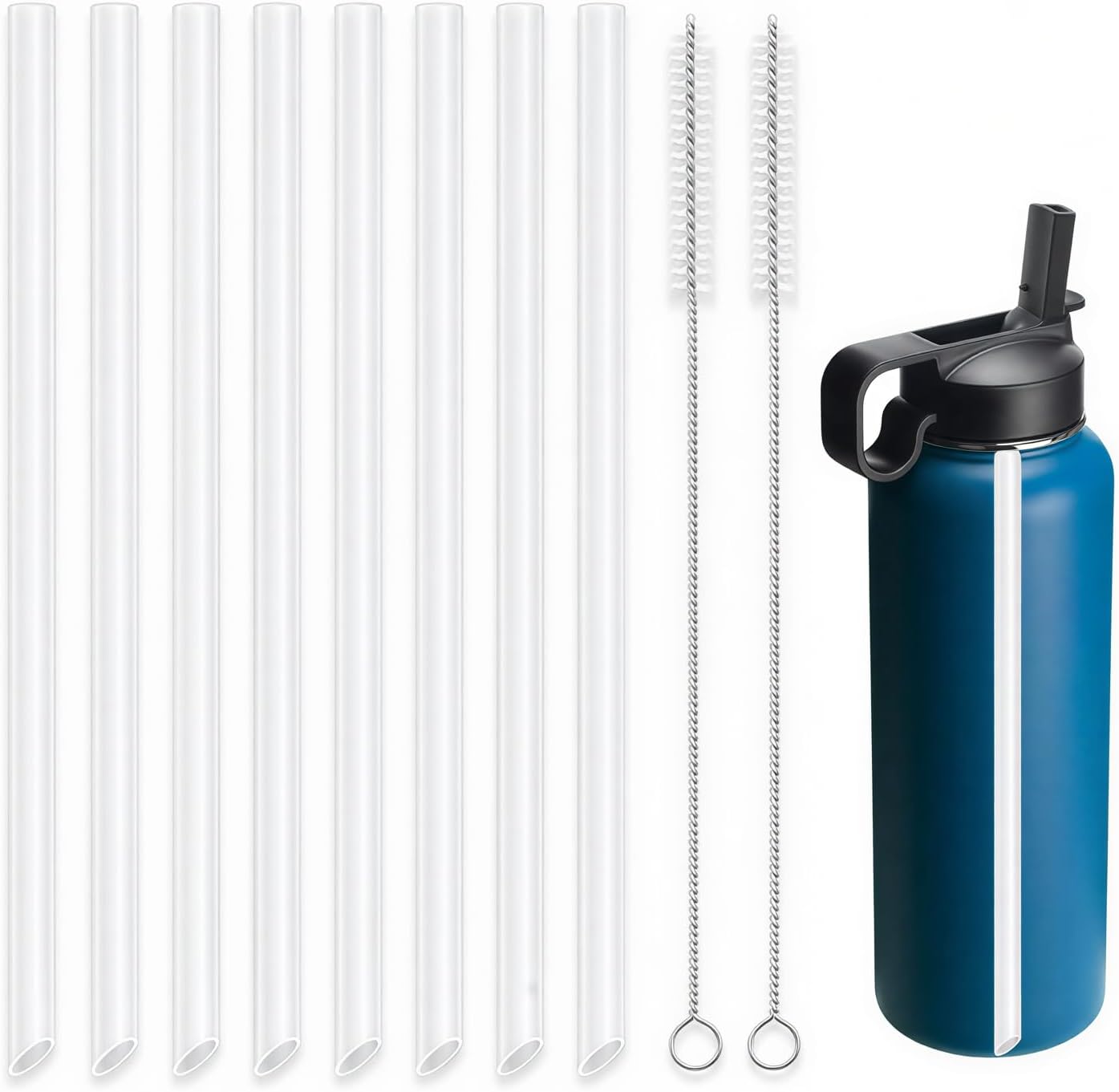 Joshey 8PCS Replacement Straws Compatible with Hydro Flask 40oz Wide Mouth Water Bottles - Reusable Plastic Straws with 2 Cleaning Brushes, For Thermo Flask, Takeya 40oz Bottle Straw Lid