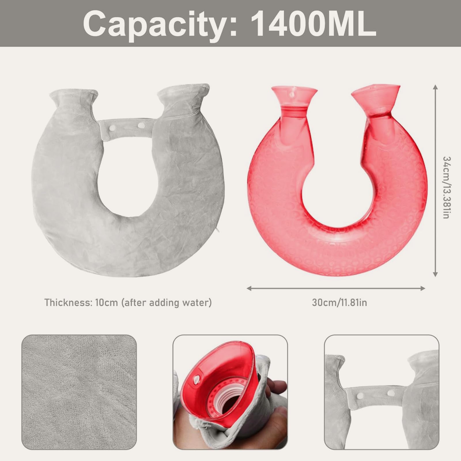 Borsa dell'acqua calda in PVC con morbida copertura in pile | Terapia del calore per collo, spalle e schiena | Inodore, lavabile, riutilizzabile (Grigio)