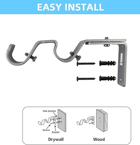 Miniatura 8 de Soporte de barra de cortina doble resistente, 3 soportes ajustables para barras de 34 y 58 pulgadas (negro)