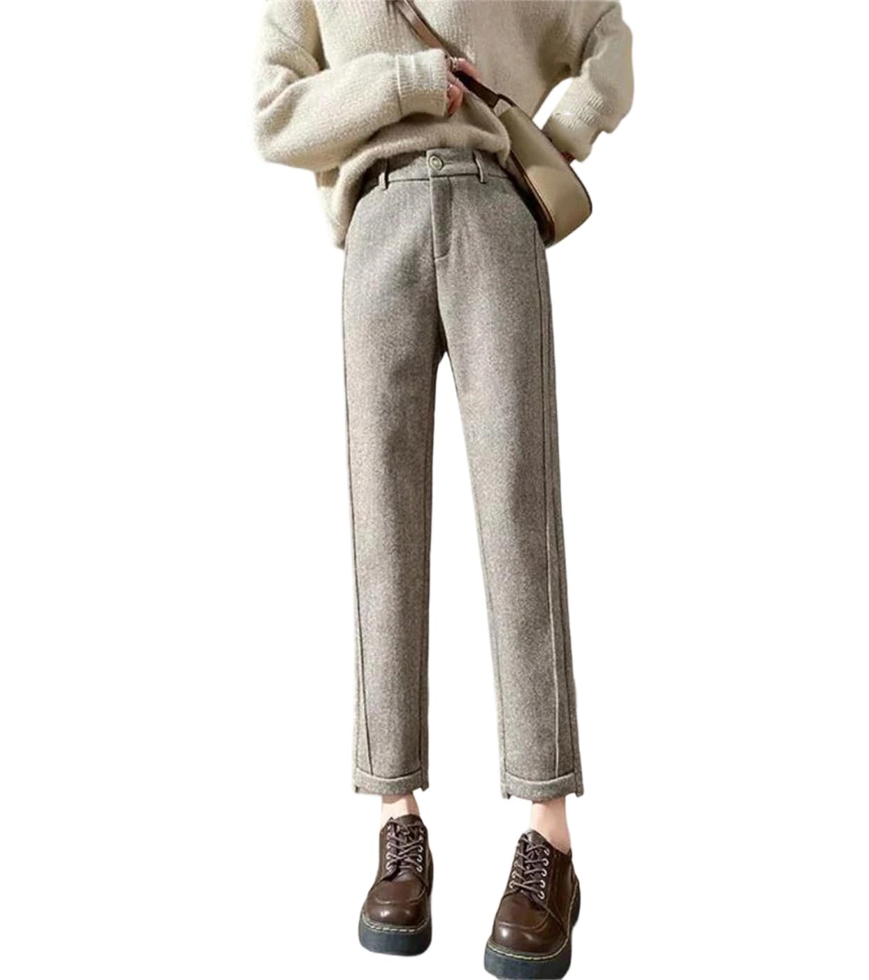 Womens Tweed Straight Pants Thick Warm Cropped Herringbone Casual Loose Fit Style Trousers