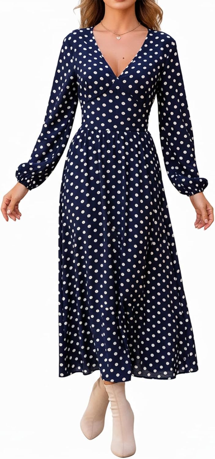 CUPSHE Womens Fall Wedding Guest Dress Long Sleeve V Neck Maxi Dress Smocked Waist Long Flowy Midi Dresses