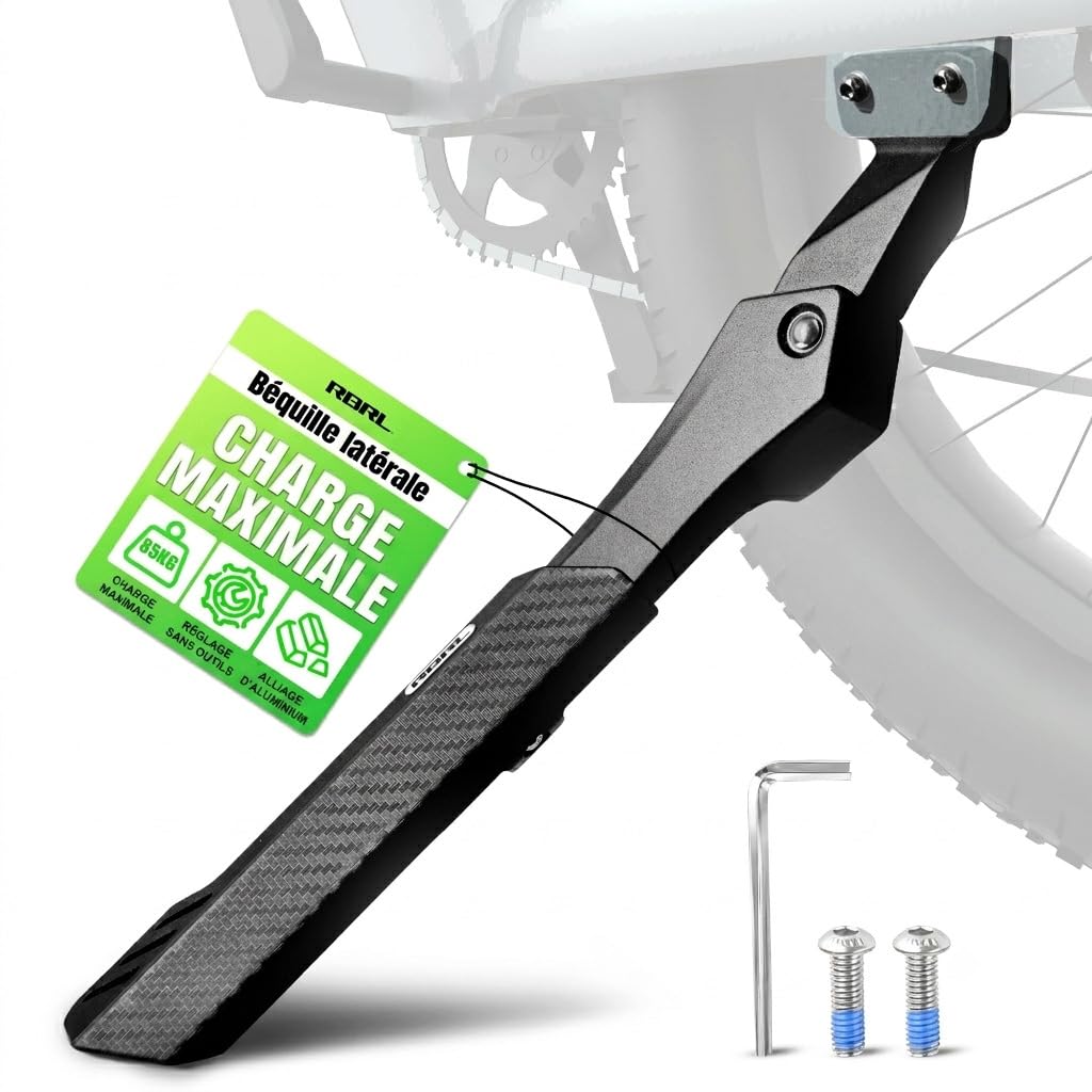 RBRL Support de vélo électrique (Roue arrière) – avec 2 Trous de 40 mm, capacité de Charge de 85 kg, béquille latérale en Aluminium Ultra-Robuste pour vélos de 26 à 29 Pouces
