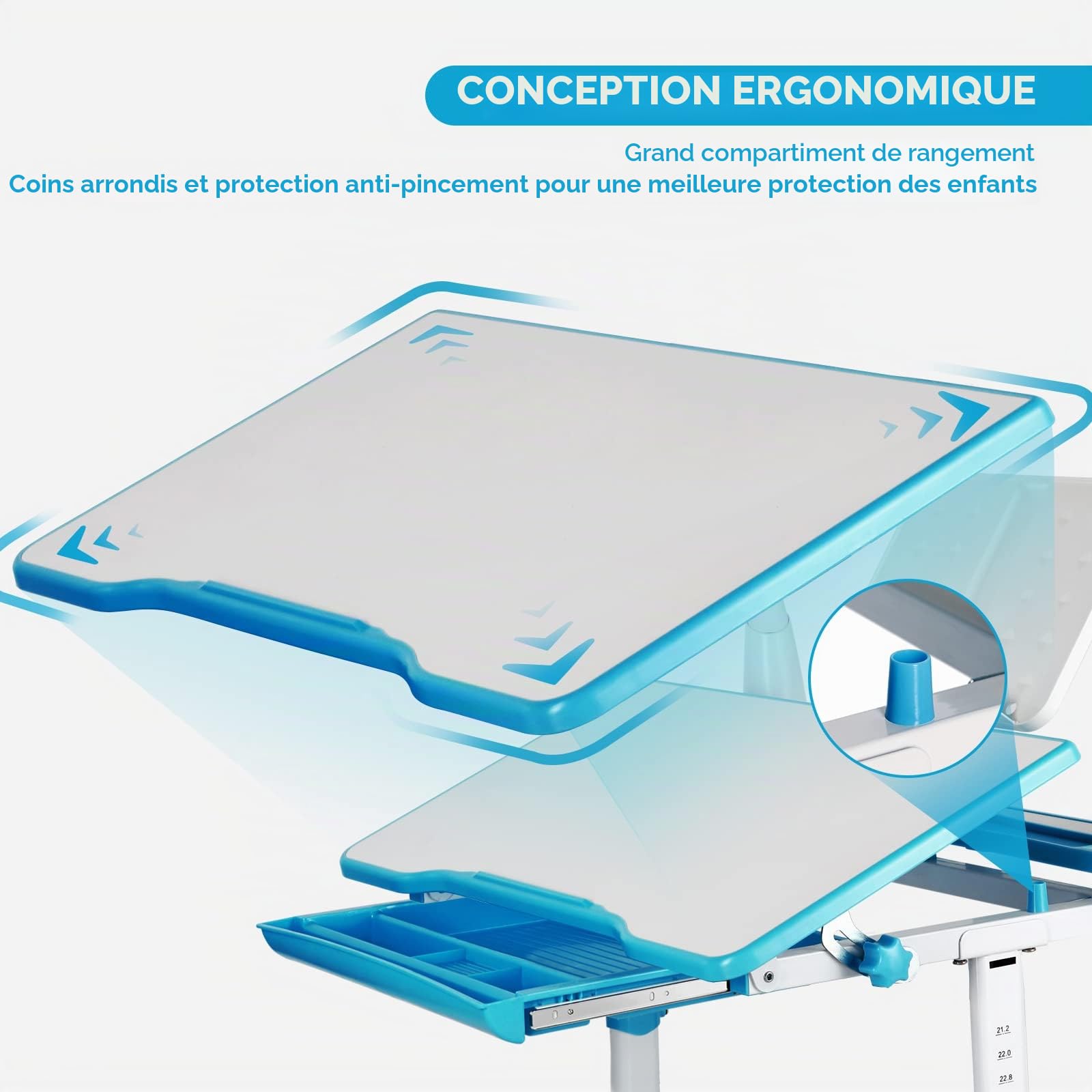 JOYLDIAS Bureau pour Enfant réglable en Hauteur avec Lampe et Chaise et tiroir avec Petit Seau