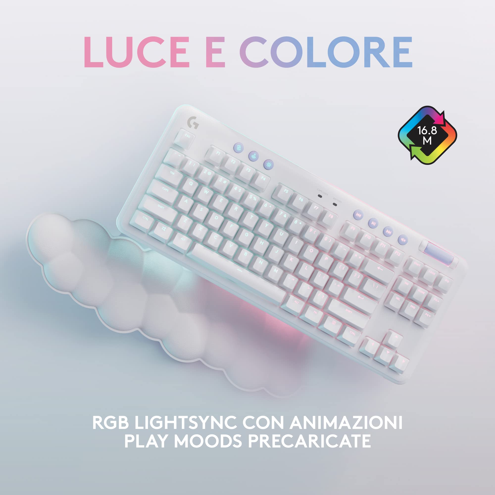 Logitech G G715 Tastiera Gaming Wireless con Luce RGB LIGHTSYNC, Velocità Della LUCE, Tactile Switch (Marrone GX) e Supporto Per Tastiera, Compatibile con PC e Mac - Bianco, QWERTY