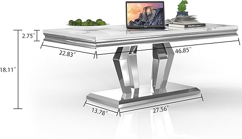 Miniatura 2 de SSLine Mesa de Centro Rectangular de Mármol Sintético para Sala de Estar, Mesa Central Moderna de Mármol Blanco de Lujo con Base de Diamante Mesa de