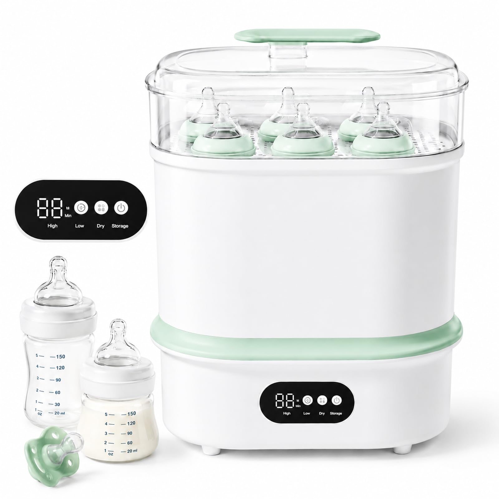 GartWerk Baby Bottle Sterilizer and Dryer, 4-in-1 Electric Baby Sterilizer with Steam, Pasteurisation, Drying and Storage for 6 Bottles, 2 Layers All-in-One Sterilizer for Breast Pump Accessories