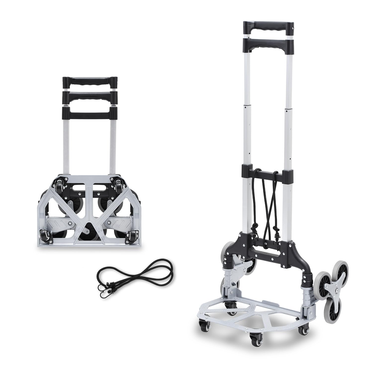 Carrello pieghevole per scale, scale, carrello con superficie di carico antiscivolo, manico regolabile in altezza, 4 ruote girevoli, carrello leggero in alluminio