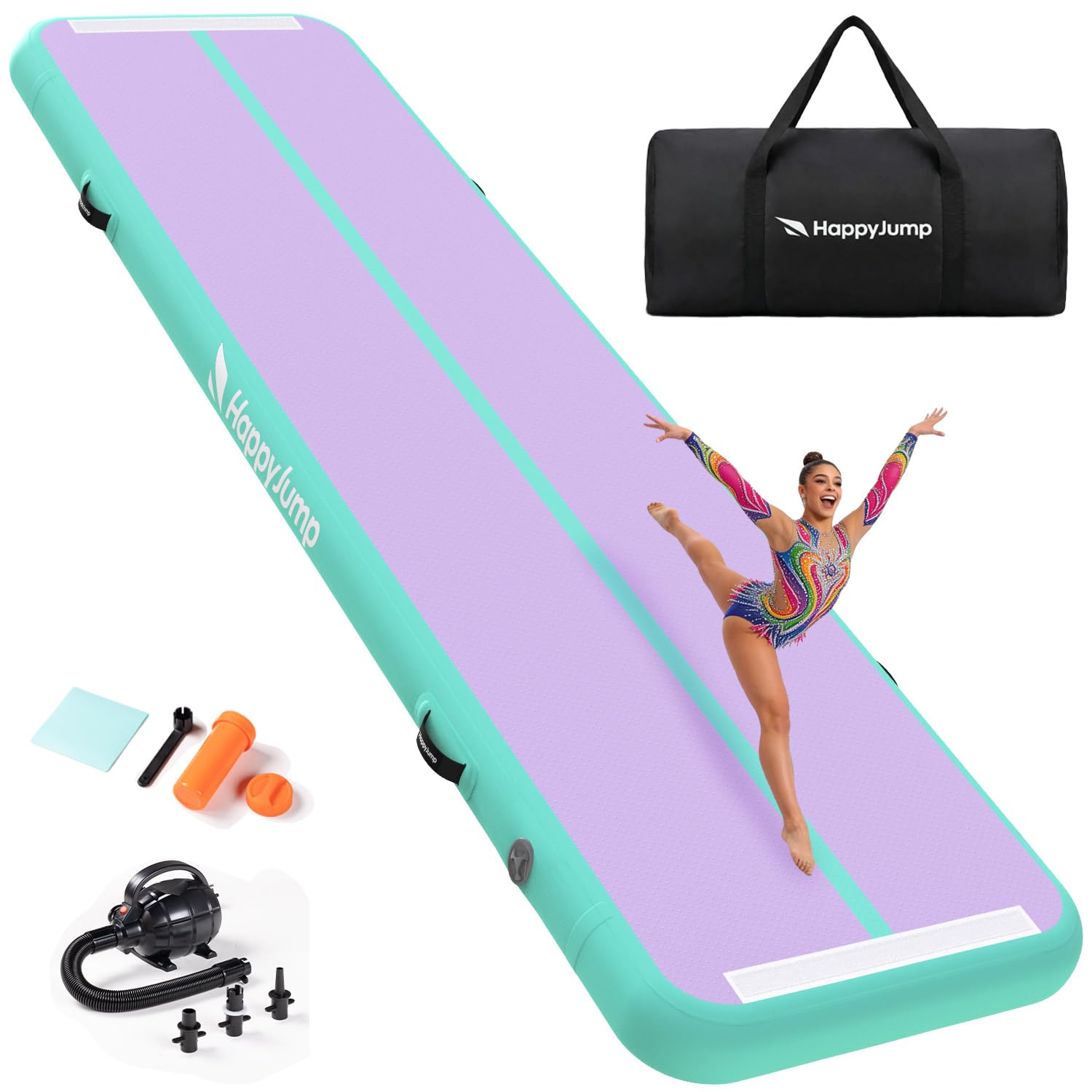 HappyJump Inflatable Gymnastics Air Mat, Waterproof Tumbling Track for Cheerleading and Home Training, Includes Portable Carry Bag and Repair Kit, 3m x 1m x 10cm