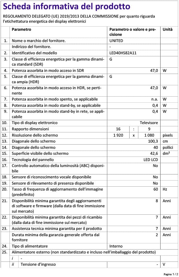 Pozadi view of the UNITED LED40HS82A11 TV, showing various input and output ports.